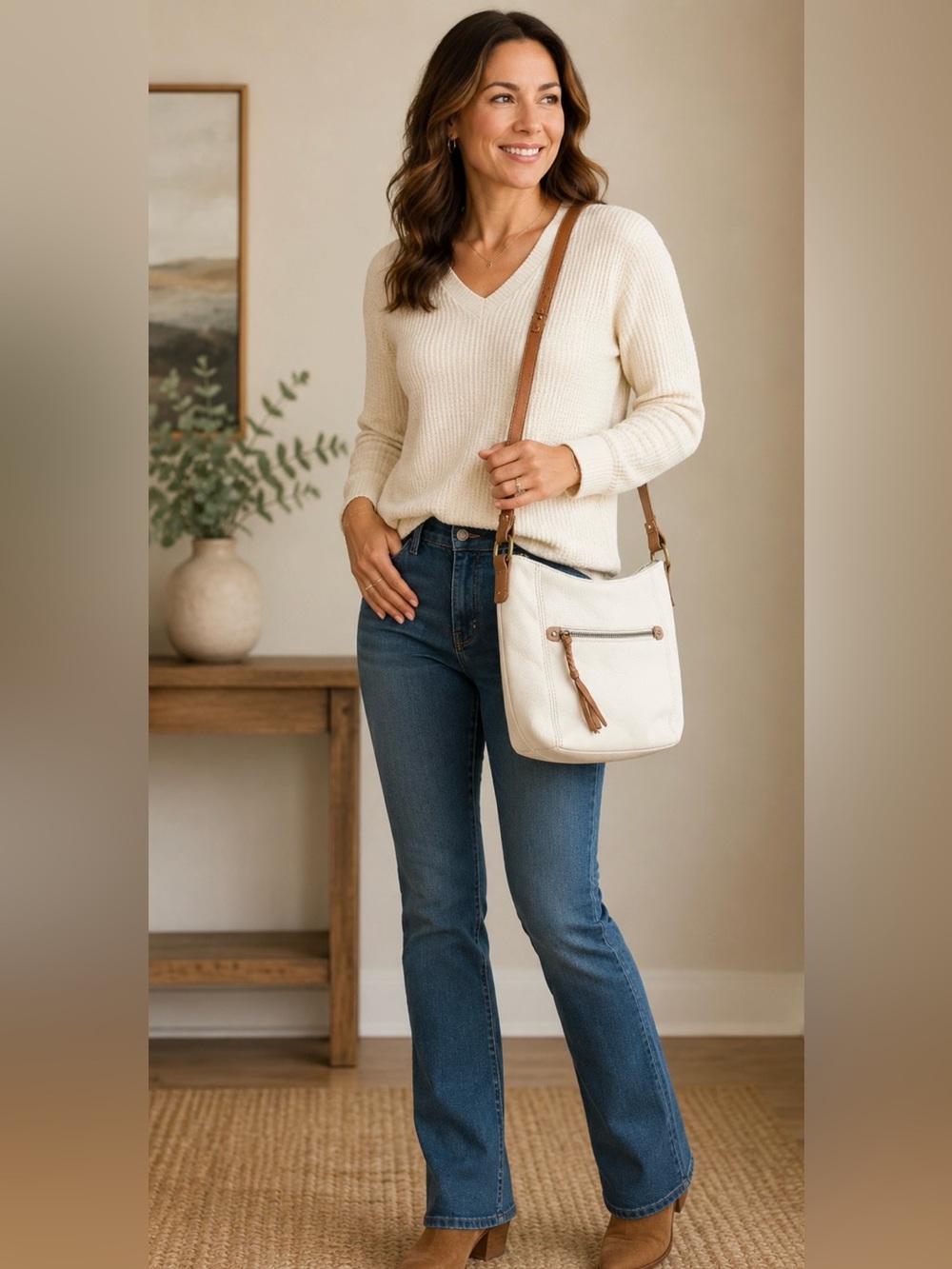 The Sak White Leather Crossbody Bag-Cream Ivory with Brown Trim